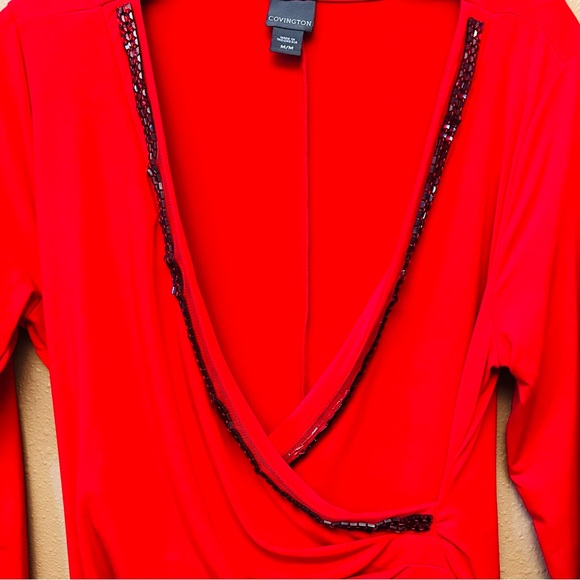 Covington Red Faux Wrap Style Jeweled Neck Dress, Size M - Picture 3 of 8